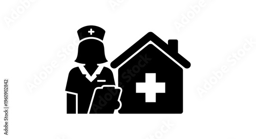 Nurse Standing Near Hospital Building Icon.