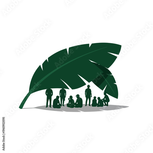 People Under Large Green Leaf Silhouette.