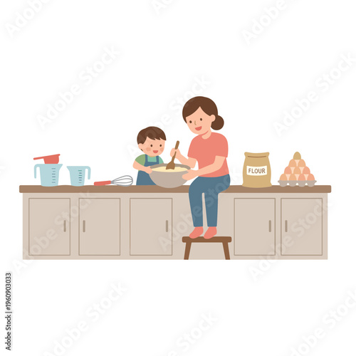 A woman and a child cooking together in a kitchen with food