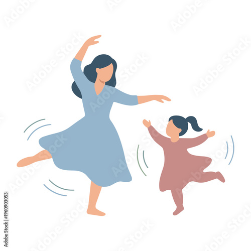 A woman and a little girl are dancing together in a lively scene