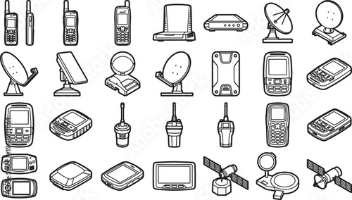 A variety of technology communication devices arranged in an organized fashion, suitable for showcasing tech products or conveying the concept of communication and connectivity.