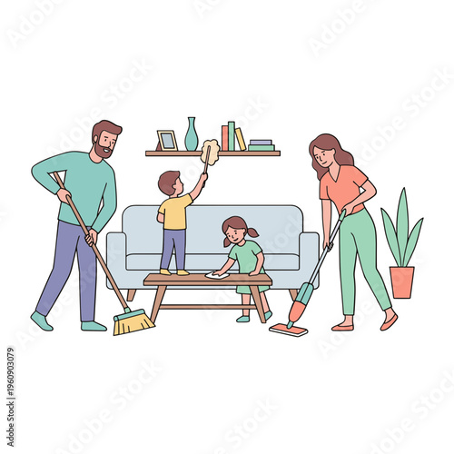 Family cleaning living room with brooms and dusters together