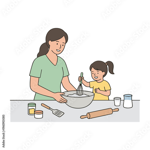 Woman and child baking together in kitchen with mixing bowl