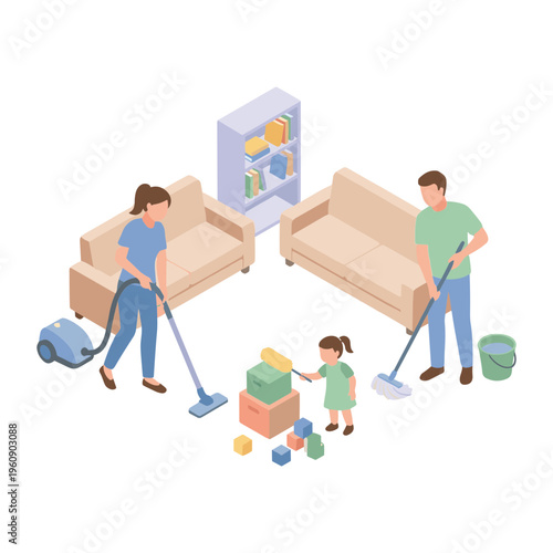 Family cleaning living room with brooms and vacuum
