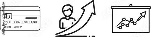 Business finance icons, credit card, growth chart, stock market graph, vector illustrations