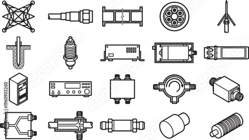 A collection of detailed black line art vector icons related to the technology and engineering sectors, arranged in a simple and visually clear manner.