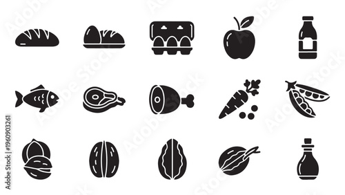 Fresh food and grocery glyph icon set for healthy eating, natural produce, protein sources, and nutritional product design