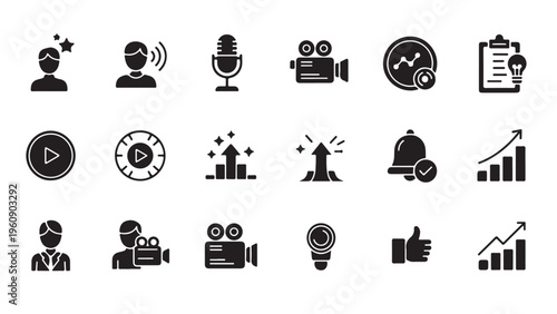 Content creation and social media glyph icon set for influencer, video production, growth analytics, and audience engagement