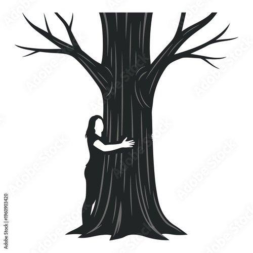 Woman Embracing Large Tree Trunk.