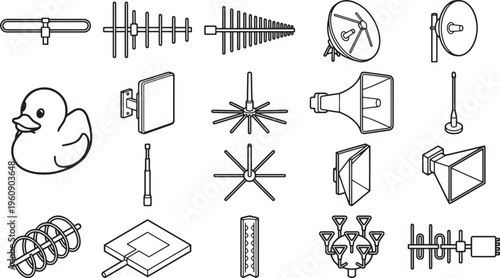 A diverse collection of technological antennas, showcasing various shapes and designs, set against a simple backdrop, capturing the essence of signal transmission and reception.