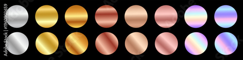 Collection of linear circle gradient swatches with silver, gold, rich copper, and soft rose gold and iridescent pastel holographic