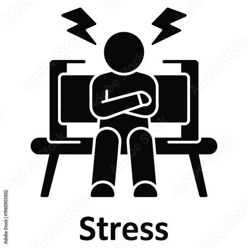 Stress icon in solid style, anxiety, pressure, overwhelmed symptom symbol, mental burden concept, psychological stress awareness, emotional health illustration.