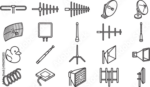 A curated illustration collection of diverse antenna designs, broadcasting the evolution of communication technology. 