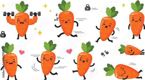 Cute carrot characters collection with funny emotions and fitness activities, kawaii vegetable mascots in playful poses vector illustration set for healthy lifestyle design