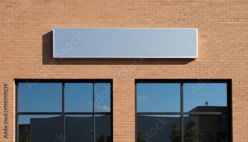 Empty Sign Board on a Brick Wall With Windows Reflecting the Surroundings at Afternoon