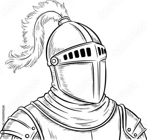 Medieval knight in full armor with feathered helmet and detailed metal plating
