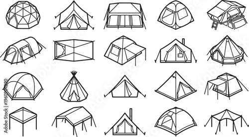 Collection of diverse camping tents, perfect for showcasing the variety of shelters available for outdoor adventures. 