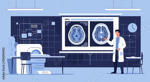 Doctor Explains Brain MRI Scan Results on Screen in Medical Lab