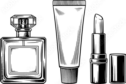 Vintage style black and white of perfume bottle cream tube and lipstick white background