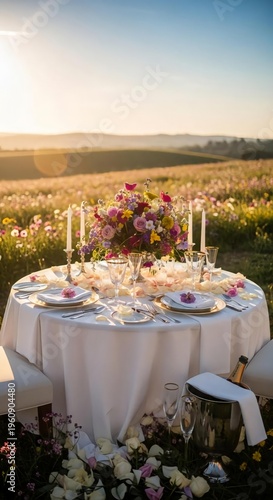 Elegant Outdoor Dining Setup Surrounded by Blooming Spring Flowers