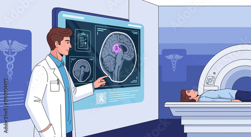 Doctor Explains Brain Scan Results on Futuristic Screen Next to MRI Machine