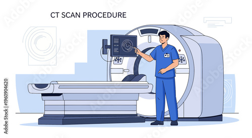 Doctor Explains CT Scan Procedure Next To Medical Imaging Machine