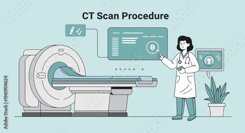 Doctor Explains CT Scan Procedure Next to Medical Imaging Machine