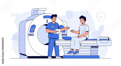 Doctor Explains CT Scan Procedure to Patient in Medical Imaging Room