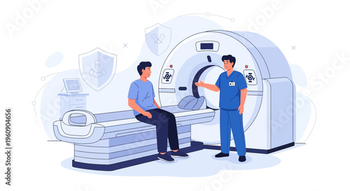 Doctor Explains CT Scan Procedure to Patient in Modern Medical Imaging Room