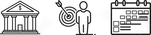 Business finance icons, bank building, target goal, calendar planner, line art