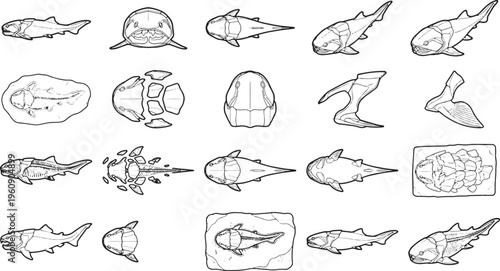 Various sketches, showcasing the ancient fish fossil, offering a comprehensive view.