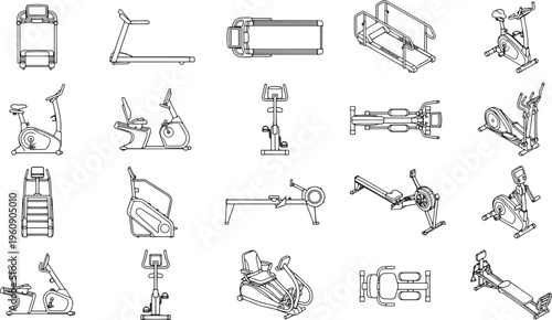 A collection of fitness equipment, expertly rendered in a detailed line art style. Ideal for illustrating health, wellness, and exercise concepts.