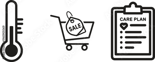 Black line icons, sale, shopping, care plan, thermometer, e-commerce, business, vector graphics
