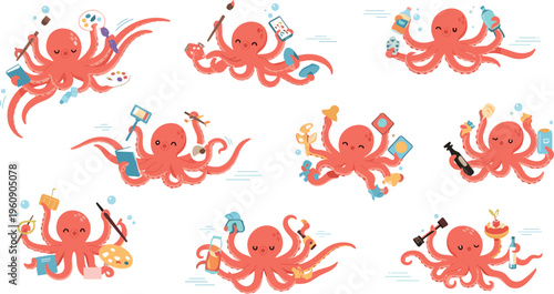 Cute octopus characters collection with funny activities and tools, kawaii sea creature mascots in playful poses vector illustration set for marine design