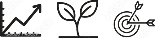 Business growth icons, finance symbols, target success, and development vector graphics