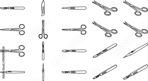 surgical instruments, a collection of precisely crafted surgical tools arranged in a grid-like composition, representing precision and the art of surgical skill.
