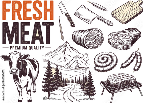 Fresh meat premium quality butcher shop vintage hand drawn collection, cow, sausages, steak, and farm landscape