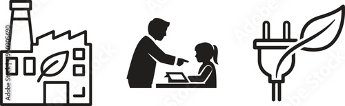 Eco friendly factory, sustainable industry icons, green energy symbols, environmental conservation graphics