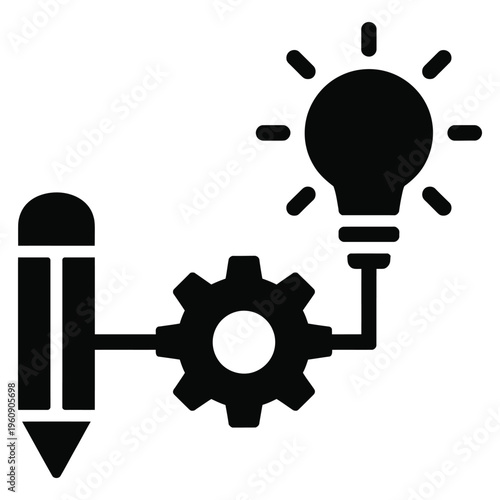 Creative thinking solid glyph icon, idea bulb, gear, pencil, flow arrows, innovation, workflow and productivity concept, problem solving and business strategy illustration.