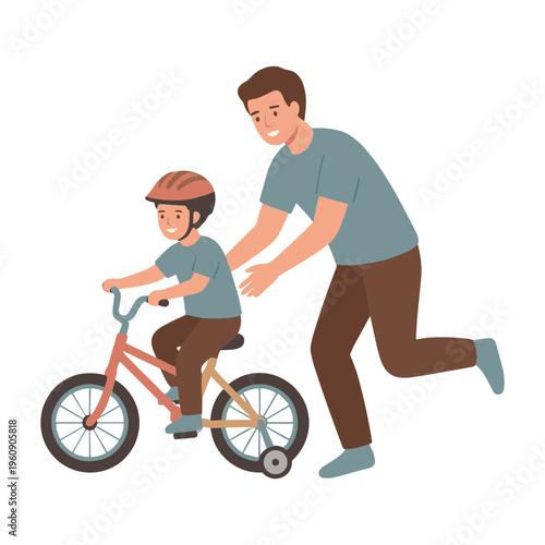 Father teaching young son riding bicycle outdoors together happily