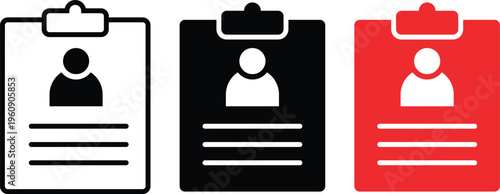 Minimalist clipboard icons with user profile avatar, flat vector set of 3 employee resume documents, business recruitment and hiring symbols