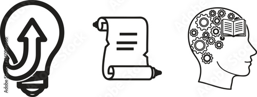 Creative thinking icons, business concept symbols, innovation and knowledge vector graphics