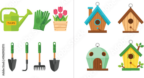 Set of Gardening Tools, Tulips in Pot, and Colorful Birdhouses for Spring Garden and Outdoor Illustrations
