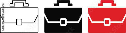 Minimalist business briefcase icon set, professional office bag vector symbols in black and red, corporate portfolio and document case graphics