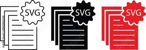 SVG file format icons in linear and solid styles, scalable vector graphics document symbols, red and black digital asset file type icons