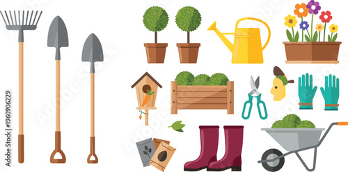 Gardening Tools Set with Rake, Shovel, Watering Can, and Planting Accessories for Outdoor Gardening and Plant Care Illustrations