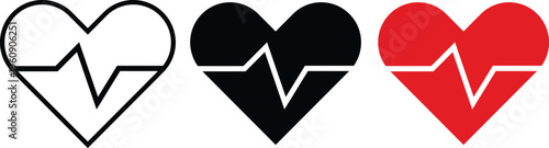 Heartbeat pulse line icons in heart shapes, medical cardiology symbols in black and red, set of 3 vector elements for healthcare and fitness apps
