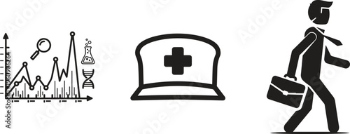 Business icons, finance symbols, medical hat, professional silhouette