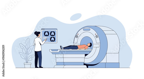 Doctor Explains MRI Scan Results to Patient Lying in MRI Machine