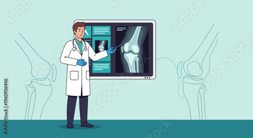 Doctor Explains Knee X-ray on Screen, Medical Diagnosis, Orthopedic Consultation